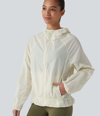 Hooded Long Sleeve Ruffle Hem Workout Jacket with Pockets-UPF40+