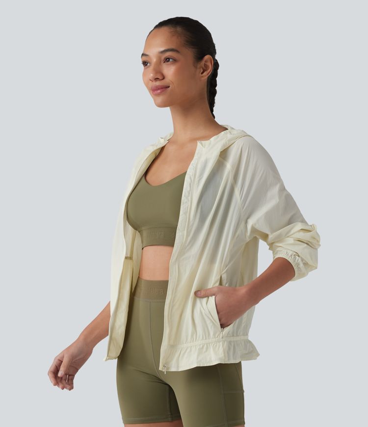 Hooded Long Sleeve Ruffle Hem Workout Jacket with Pockets-UPF40+