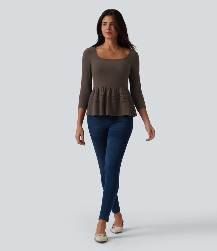 Lässiges Babydoll-Top aus geripptem Strick mit U-Ausschnitt und 3/4-Ärmeln