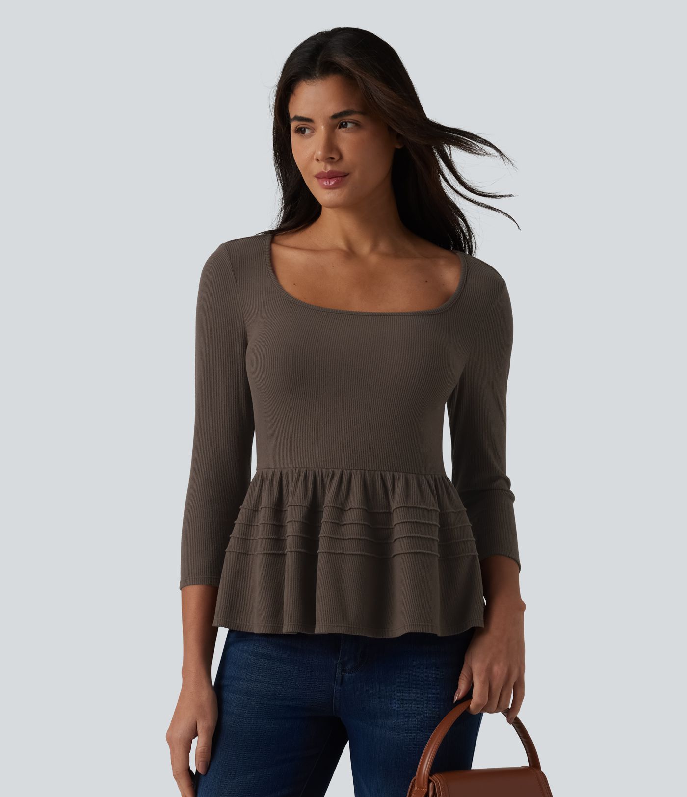 Lässiges Babydoll-Top aus geripptem Strick mit U-Ausschnitt und 3/4-Ärmeln