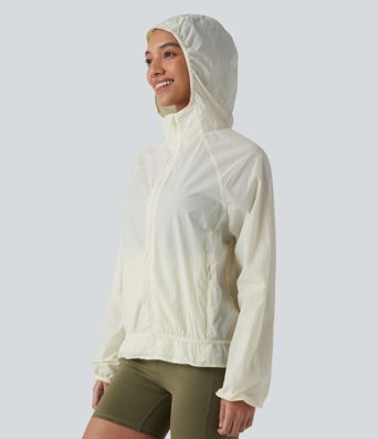 Hooded Long Sleeve Ruffle Hem Workout Jacket with Pockets-UPF40+