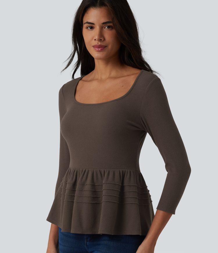 Lässiges Babydoll-Top aus geripptem Strick mit U-Ausschnitt und 3/4-Ärmeln
