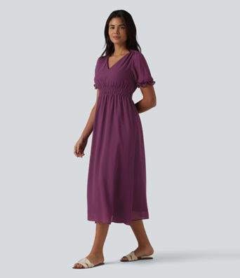 Gerafftes, fließendes Midikleid mit V-Ausschnitt und Puffärmeln