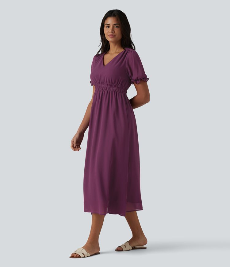 Gerafftes, fließendes Midikleid mit V-Ausschnitt und Puffärmeln