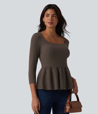 Lässiges Babydoll-Top aus geripptem Strick mit U-Ausschnitt und 3/4-Ärmeln