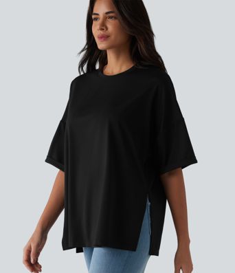 Round Neck Rolled Sleeve Split Hem Relaxed Casual T-Shirt
