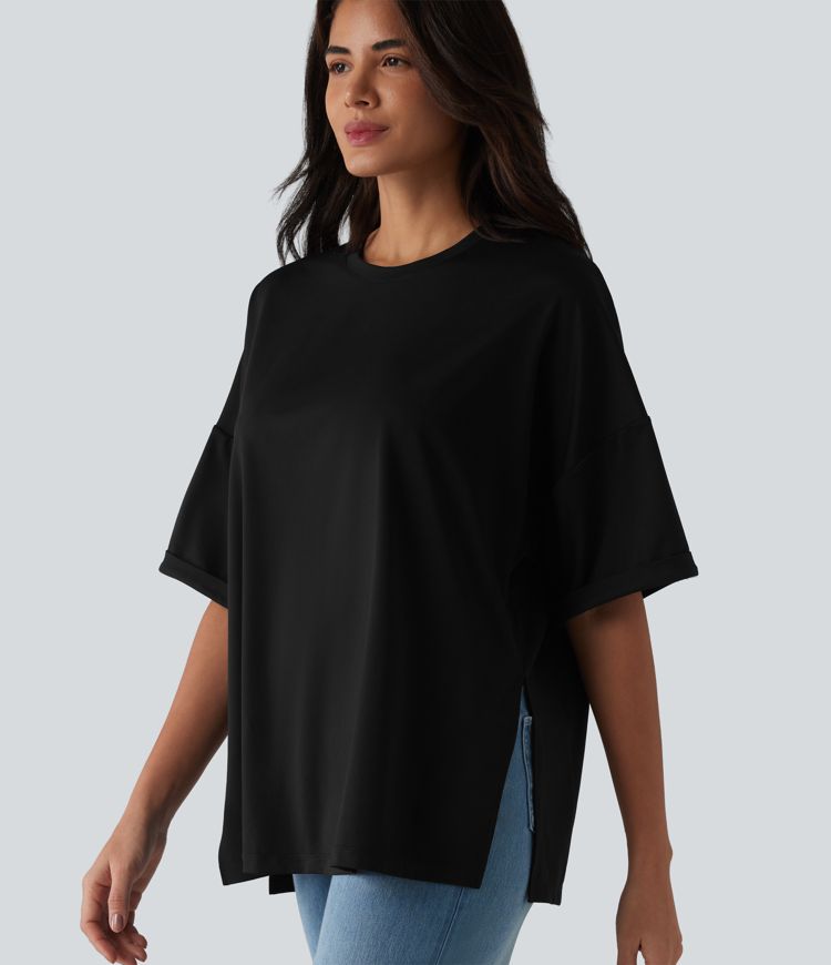 Round Neck Rolled Sleeve Split Hem Relaxed Casual T-Shirt