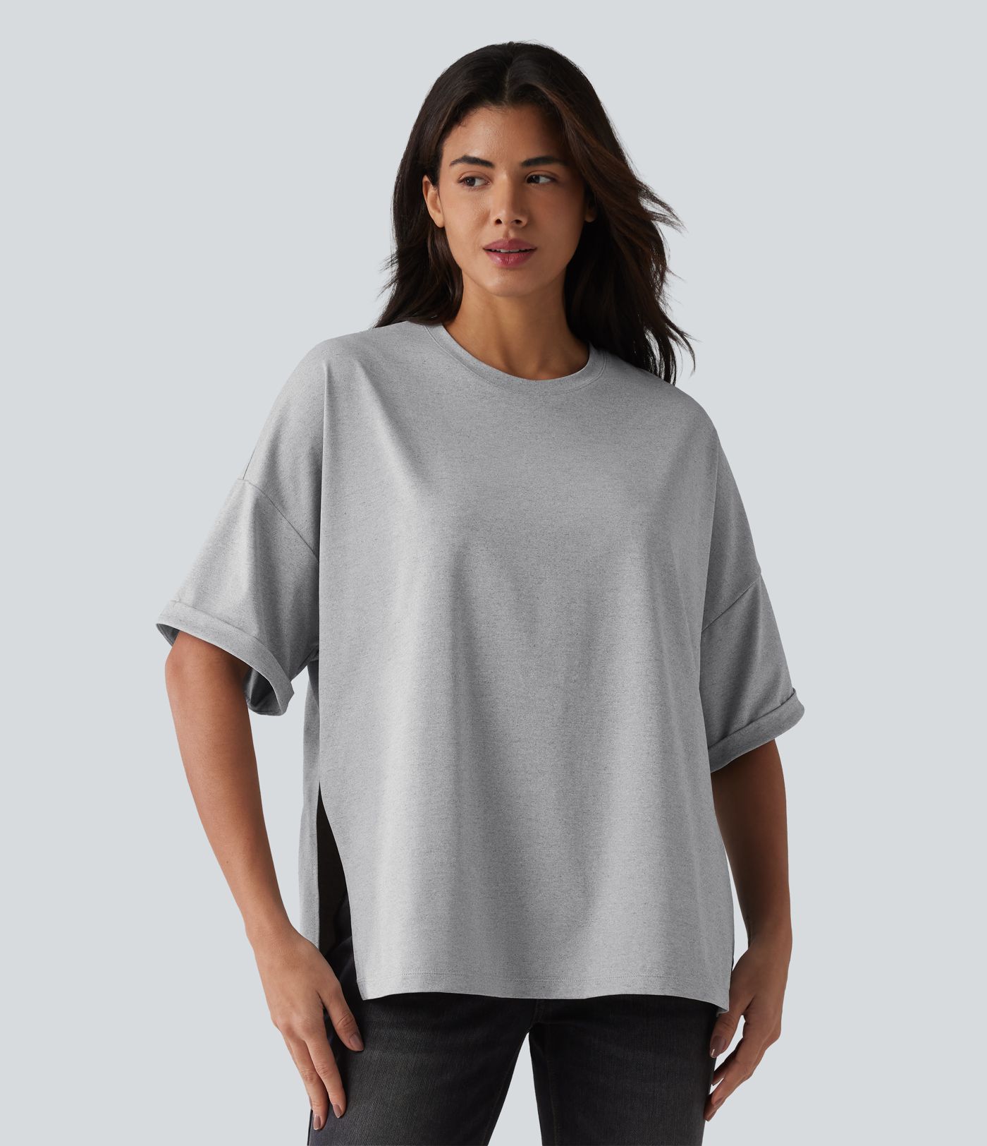 Round Neck Rolled Sleeve Split Hem Relaxed Casual T-Shirt