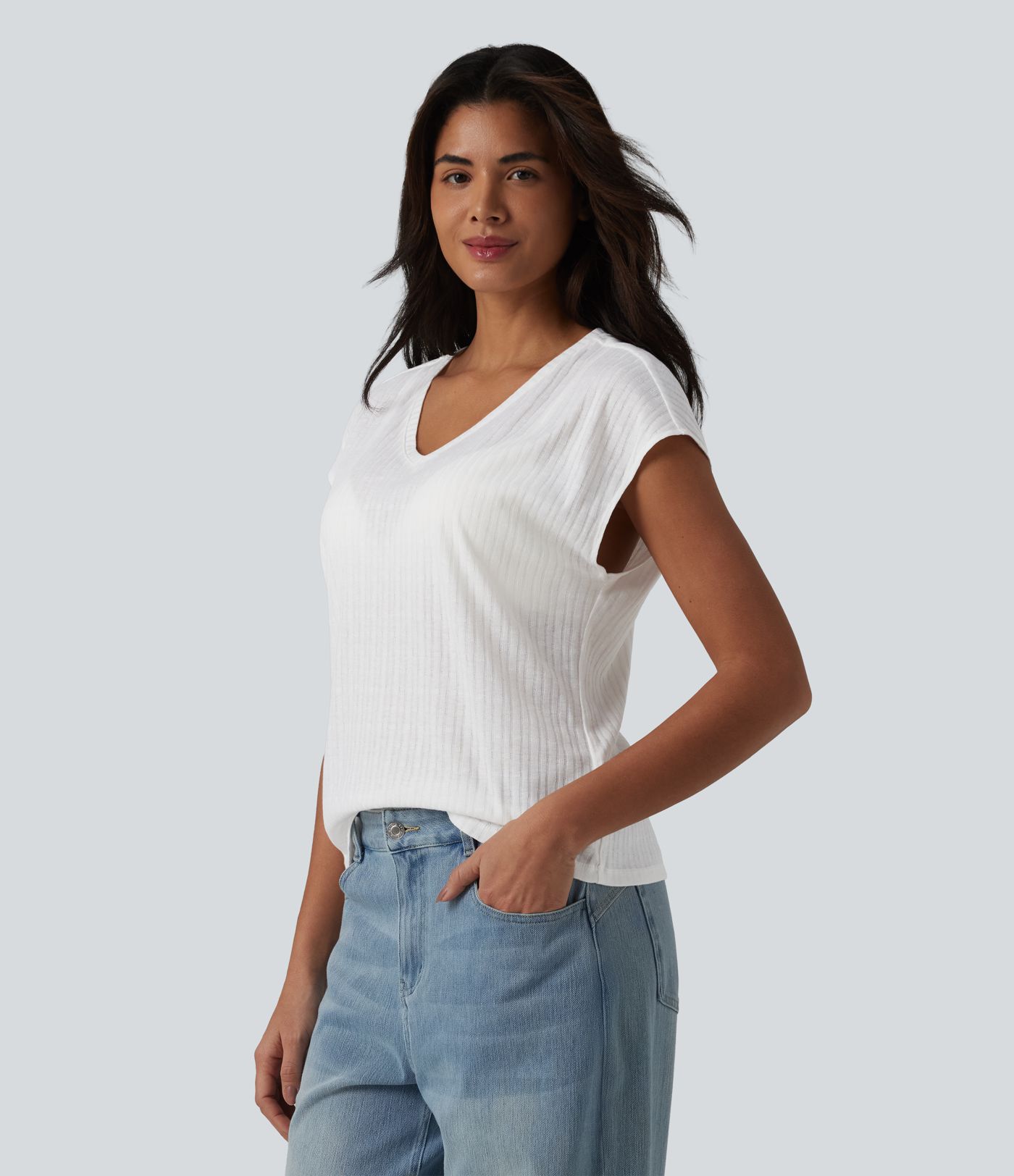 Casual jacquard V-neck short-sleeved T-shirt