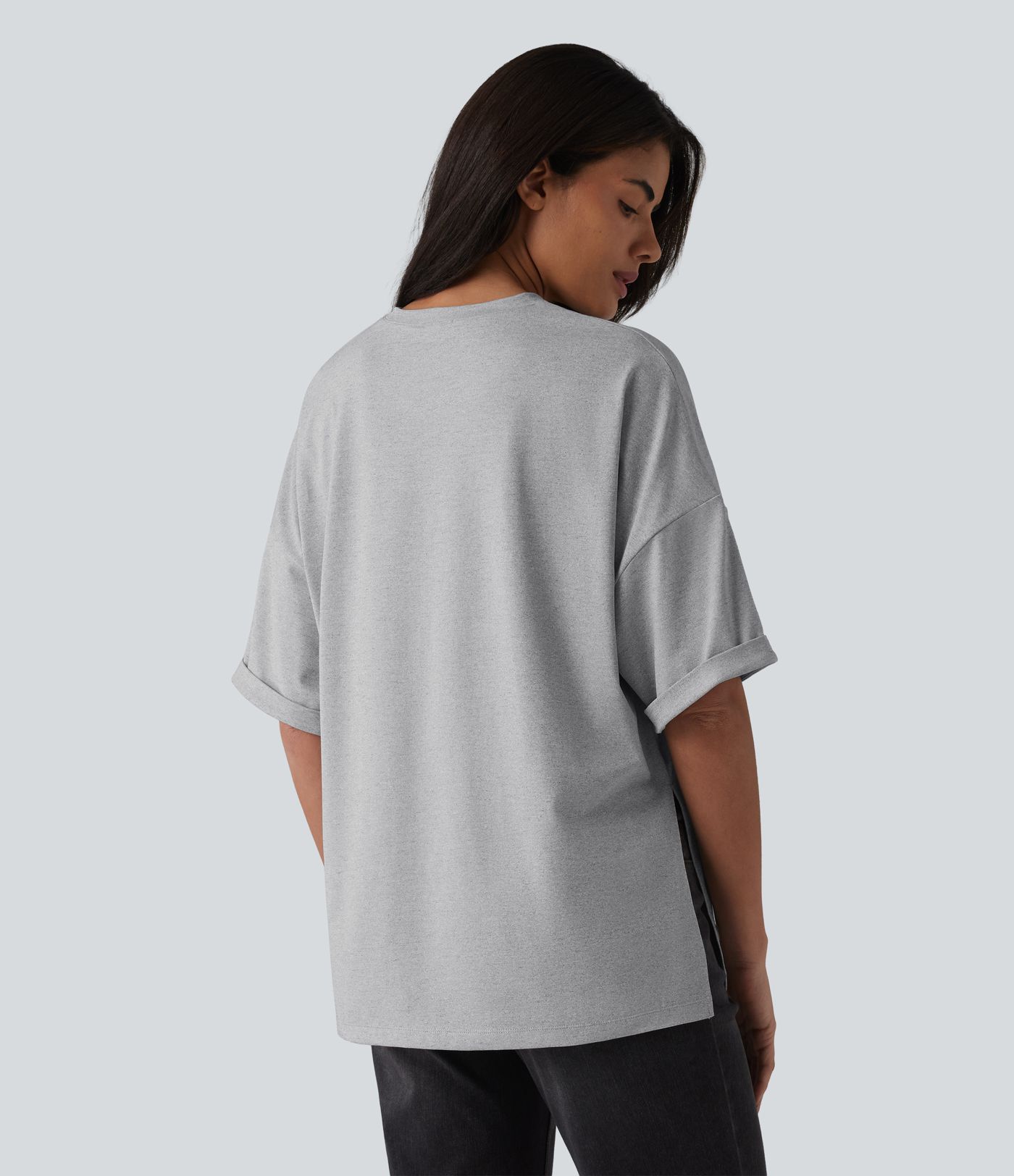 Round Neck Rolled Sleeve Split Hem Relaxed Casual T-Shirt
