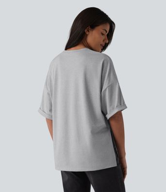 Round Neck Rolled Sleeve Split Hem Relaxed Casual T-Shirt