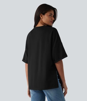 Round Neck Rolled Sleeve Split Hem Relaxed Casual T-Shirt
