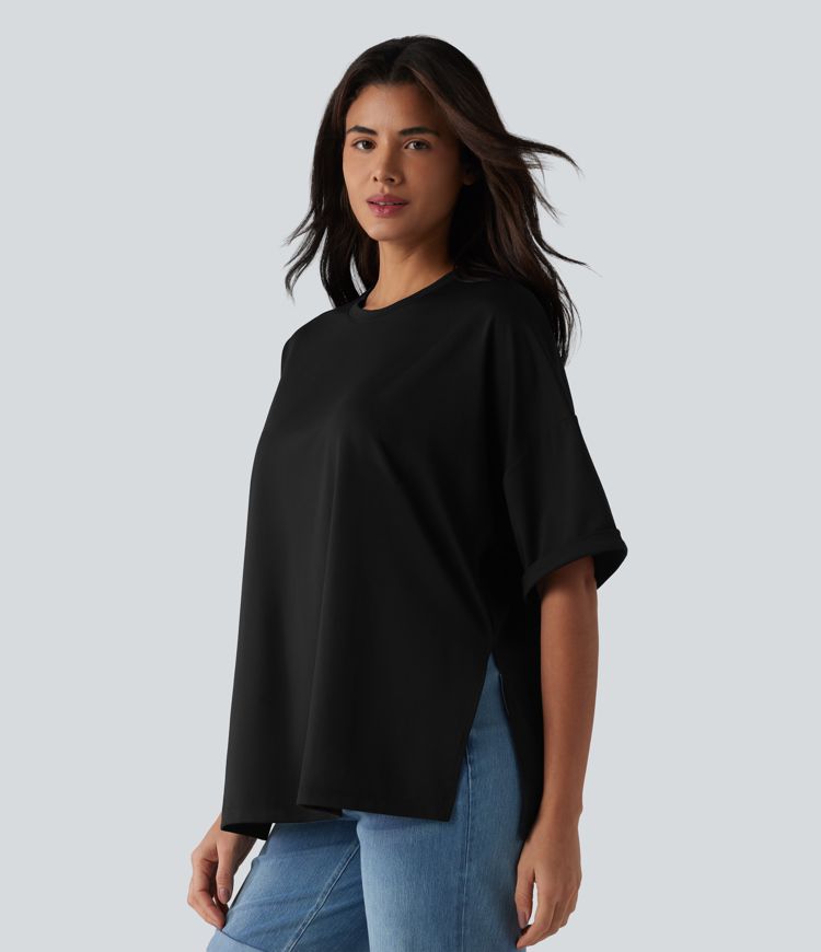 Round Neck Rolled Sleeve Split Hem Relaxed Casual T-Shirt