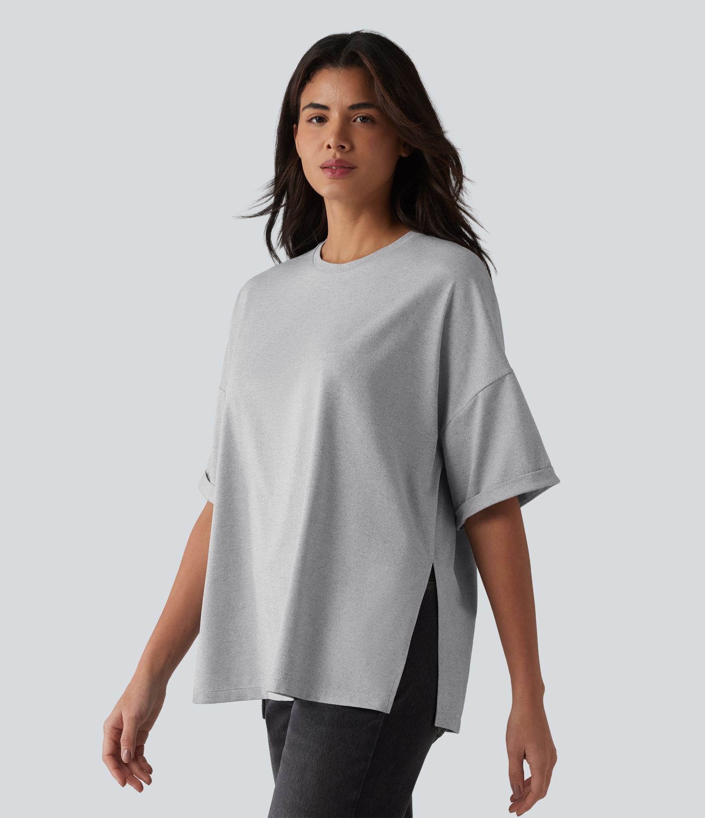 Round Neck Rolled Sleeve Split Hem Relaxed Casual T-Shirt