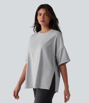 Round Neck Rolled Sleeve Split Hem Relaxed Casual T-Shirt