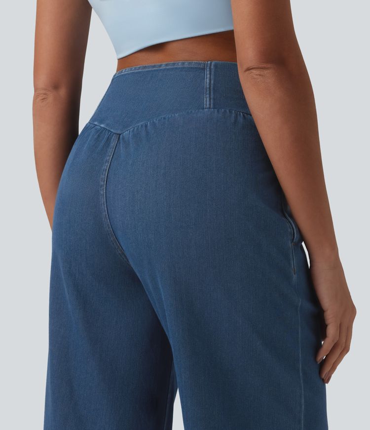 Halara Flex™ - Lässige Denim-Joggers mit mittelhohem Crossover-Bund, Seitentaschen und Kordelzug