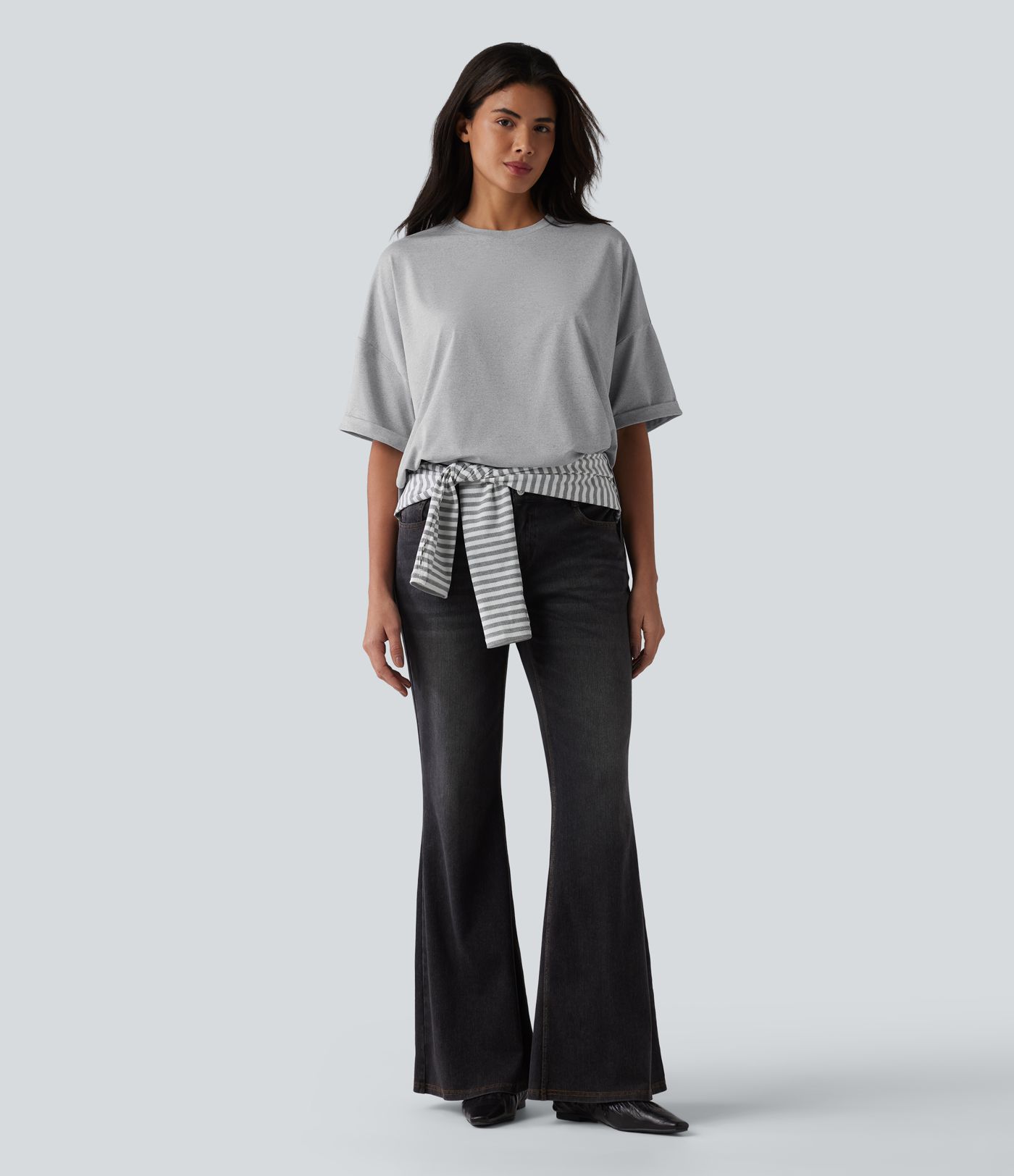 Round Neck Rolled Sleeve Split Hem Relaxed Casual T-Shirt