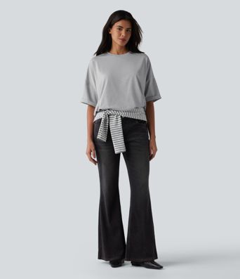 Round Neck Rolled Sleeve Split Hem Relaxed Casual T-Shirt