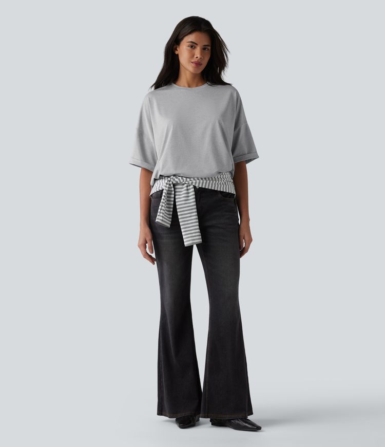 Round Neck Rolled Sleeve Split Hem Relaxed Casual T-Shirt