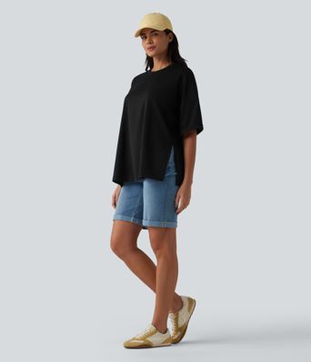 Round Neck Rolled Sleeve Split Hem Relaxed Casual T-Shirt
