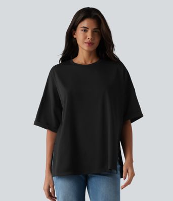 Round Neck Rolled Sleeve Split Hem Relaxed Casual T-Shirt