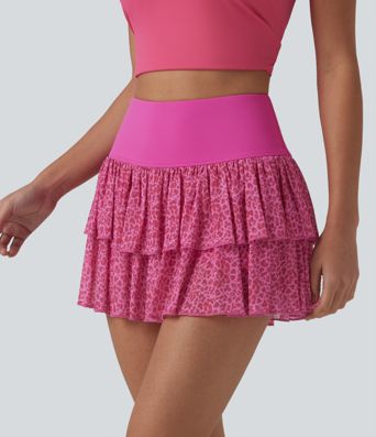 SoftlyZero™ mini-jupe de sport superposée 2-en-1, aérienne, taille haute, imprimé léopard, au toucher frais, avec poche - UPF50+