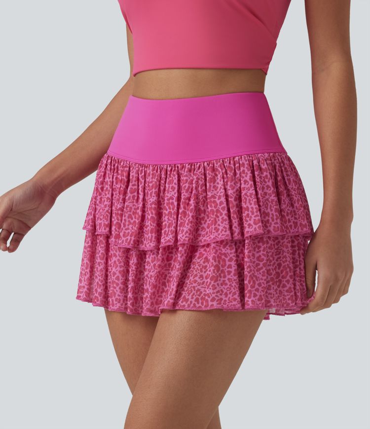 SoftlyZero™ mini-jupe de sport superposée 2-en-1, aérienne, taille haute, imprimé léopard, au toucher frais, avec poche - UPF50+