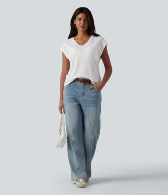 Casual jacquard V-neck short-sleeved T-shirt