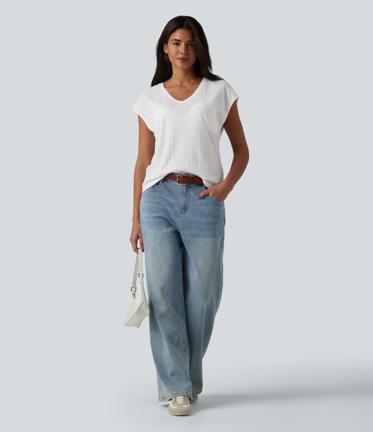 Casual jacquard V-neck short-sleeved T-shirt