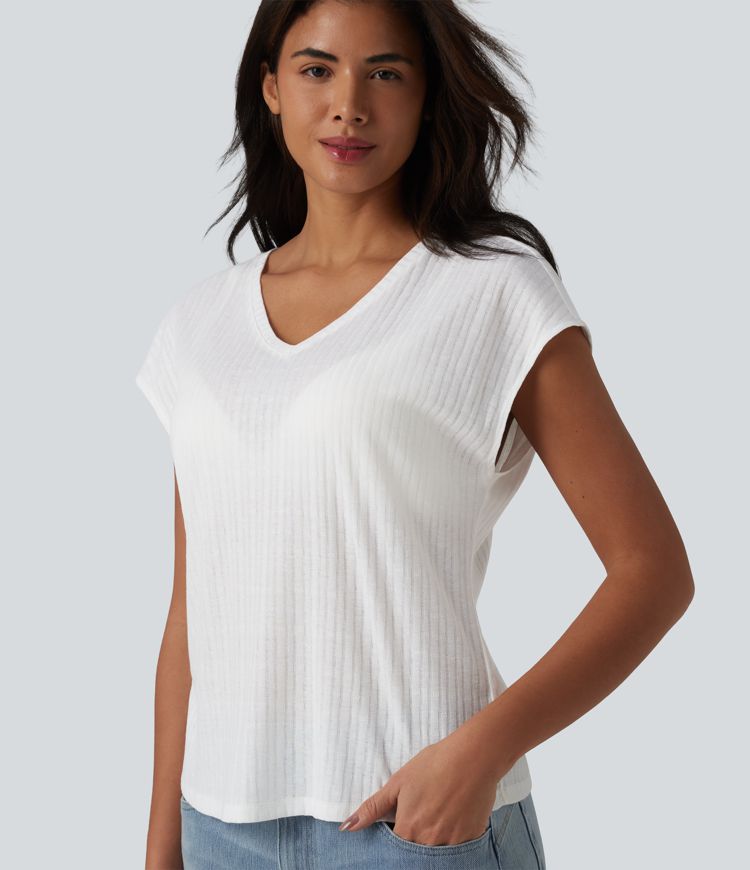 Casual jacquard V-neck short-sleeved T-shirt