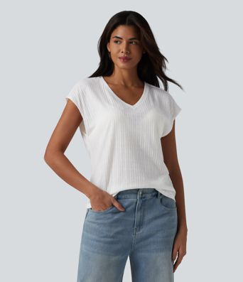 Casual jacquard V-neck short-sleeved T-shirt