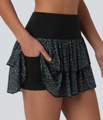 SoftlyZero™ Airy High Waisted Leopard Print Layered 2-in-1 Cool Touch Mini Workout Skirt with Pocket-UPF50+