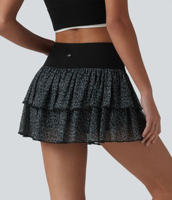 SoftlyZero™ Airy High Waisted Leopard Print Layered 2-in-1 Cool Touch Mini Workout Skirt with Pocket-UPF50+