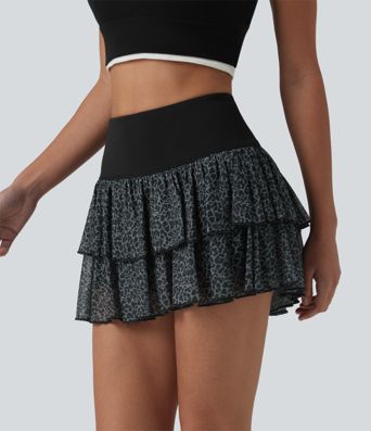 SoftlyZero™ Airy High Waisted Leopard Print Layered 2-in-1 Cool Touch Mini Workout Skirt with Pocket-UPF50+
