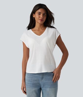 Casual jacquard V-neck short-sleeved T-shirt