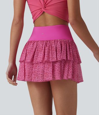 SoftlyZero™ mini-jupe de sport superposée 2-en-1, aérienne, taille haute, imprimé léopard, au toucher frais, avec poche - UPF50+