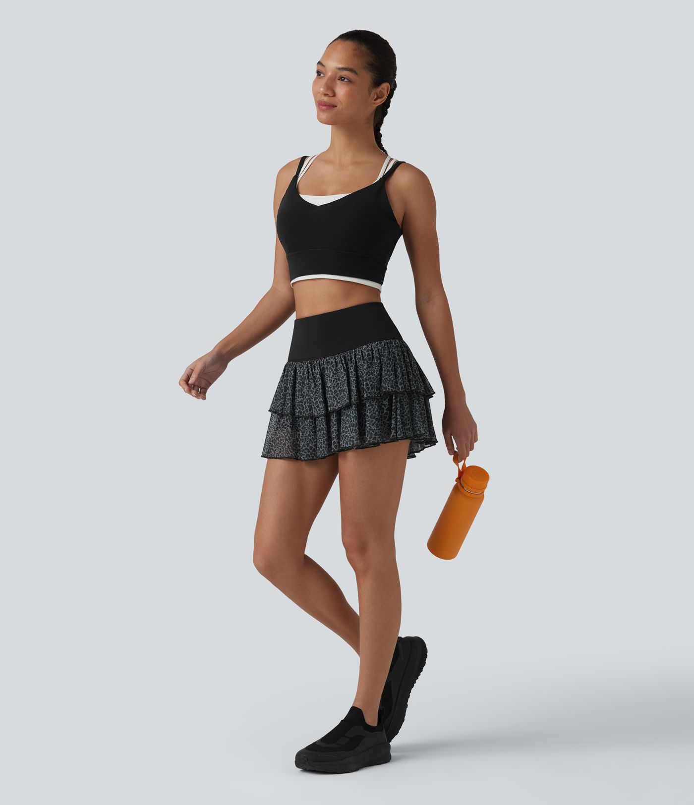 SoftlyZero™ Airy High Waisted Leopard Print Layered 2-in-1 Cool Touch Mini Workout Skirt with Pocket-UPF50+