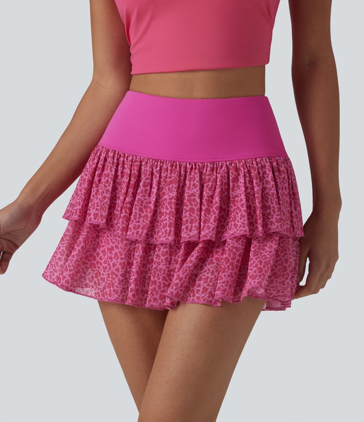 SoftlyZero™ mini-jupe de sport superposée 2-en-1, aérienne, taille haute, imprimé léopard, au toucher frais, avec poche - UPF50+