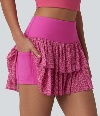 SoftlyZero™ mini-jupe de sport superposée 2-en-1, aérienne, taille haute, imprimé léopard, au toucher frais, avec poche - UPF50+
