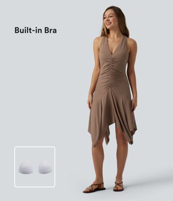 V Neck Ruched Racerback Asymmetric Hem Midi Casual Dress