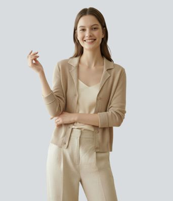 Notched Collar Long Sleeve Casual Cardigan