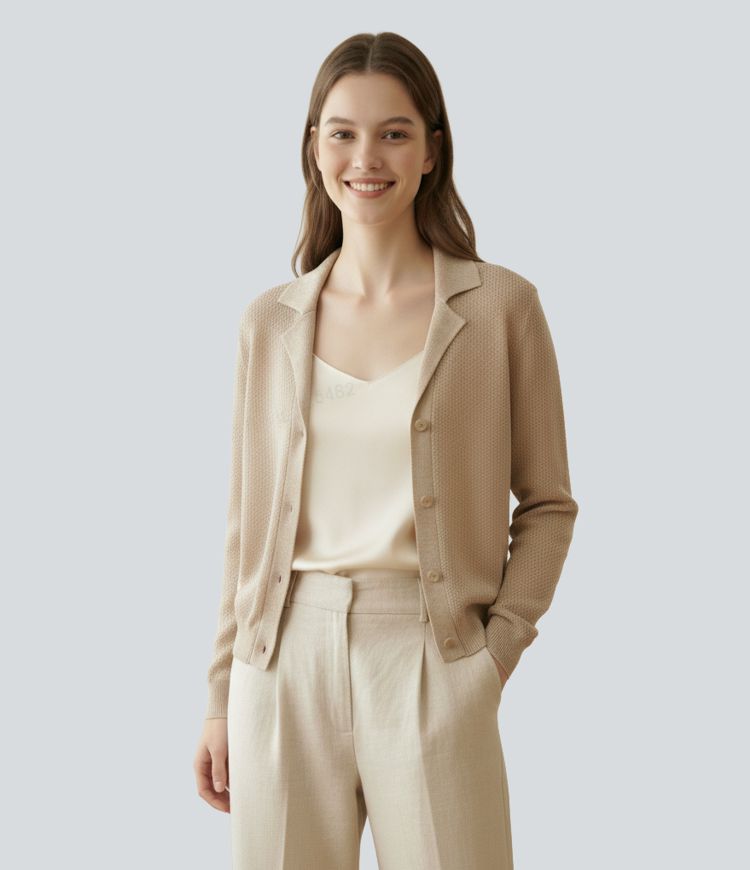 Notched Collar Long Sleeve Casual Cardigan