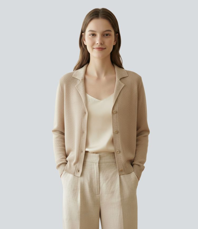 Notched Collar Long Sleeve Casual Cardigan