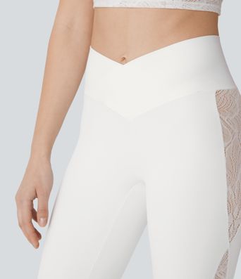 SoftlyZero™ High Waisted Crossover Contrast Lace Capri Yoga Leggings-UPF50+ SoftlyZero™ High Waisted Crossover Contrast Lace Capri Yoga Leggings-UPF50+