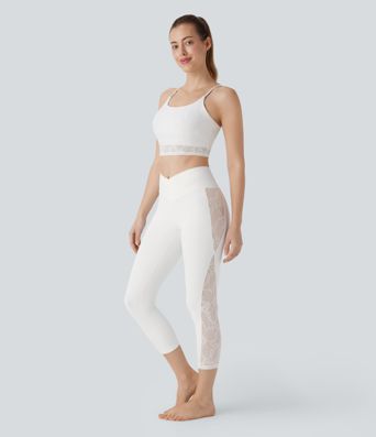 SoftlyZero™ High Waisted Crossover Contrast Lace Capri Yoga Leggings-UPF50+ SoftlyZero™ High Waisted Crossover Contrast Lace Capri Yoga Leggings-UPF50+