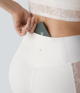 SoftlyZero™ High Waisted Crossover Contrast Lace Capri Yoga Leggings-UPF50+ SoftlyZero™ High Waisted Crossover Contrast Lace Capri Yoga Leggings-UPF50+
