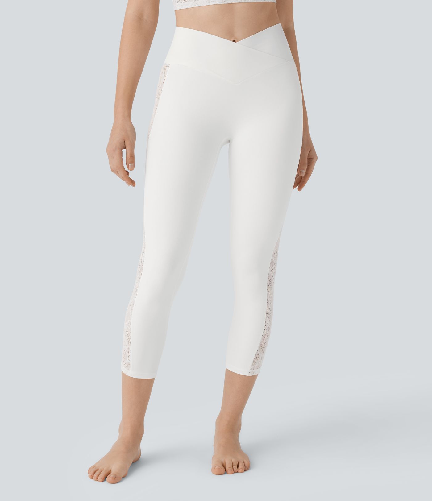 SoftlyZero™ High Waisted Crossover Contrast Lace Capri Yoga Leggings-UPF50+ SoftlyZero™ High Waisted Crossover Contrast Lace Capri Yoga Leggings-UPF50+