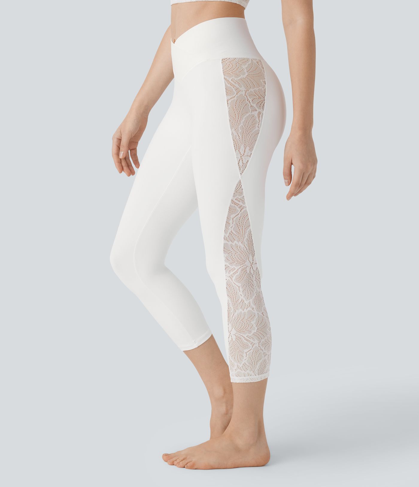 SoftlyZero™ High Waisted Crossover Contrast Lace Capri Yoga Leggings-UPF50+ SoftlyZero™ High Waisted Crossover Contrast Lace Capri Yoga Leggings-UPF50+