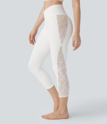 SoftlyZero™ High Waisted Crossover Contrast Lace Capri Yoga Leggings-UPF50+ SoftlyZero™ High Waisted Crossover Contrast Lace Capri Yoga Leggings-UPF50+