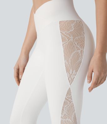 SoftlyZero™ High Waisted Crossover Contrast Lace Capri Yoga Leggings-UPF50+ SoftlyZero™ High Waisted Crossover Contrast Lace Capri Yoga Leggings-UPF50+